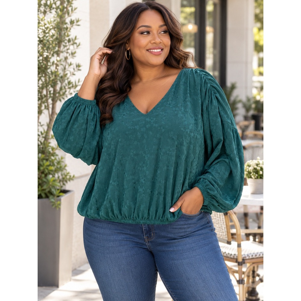 Lane Bryant 26/28 Teal Green Jacquard Blouse V Neck Balloon Sleeve Tie Back Top